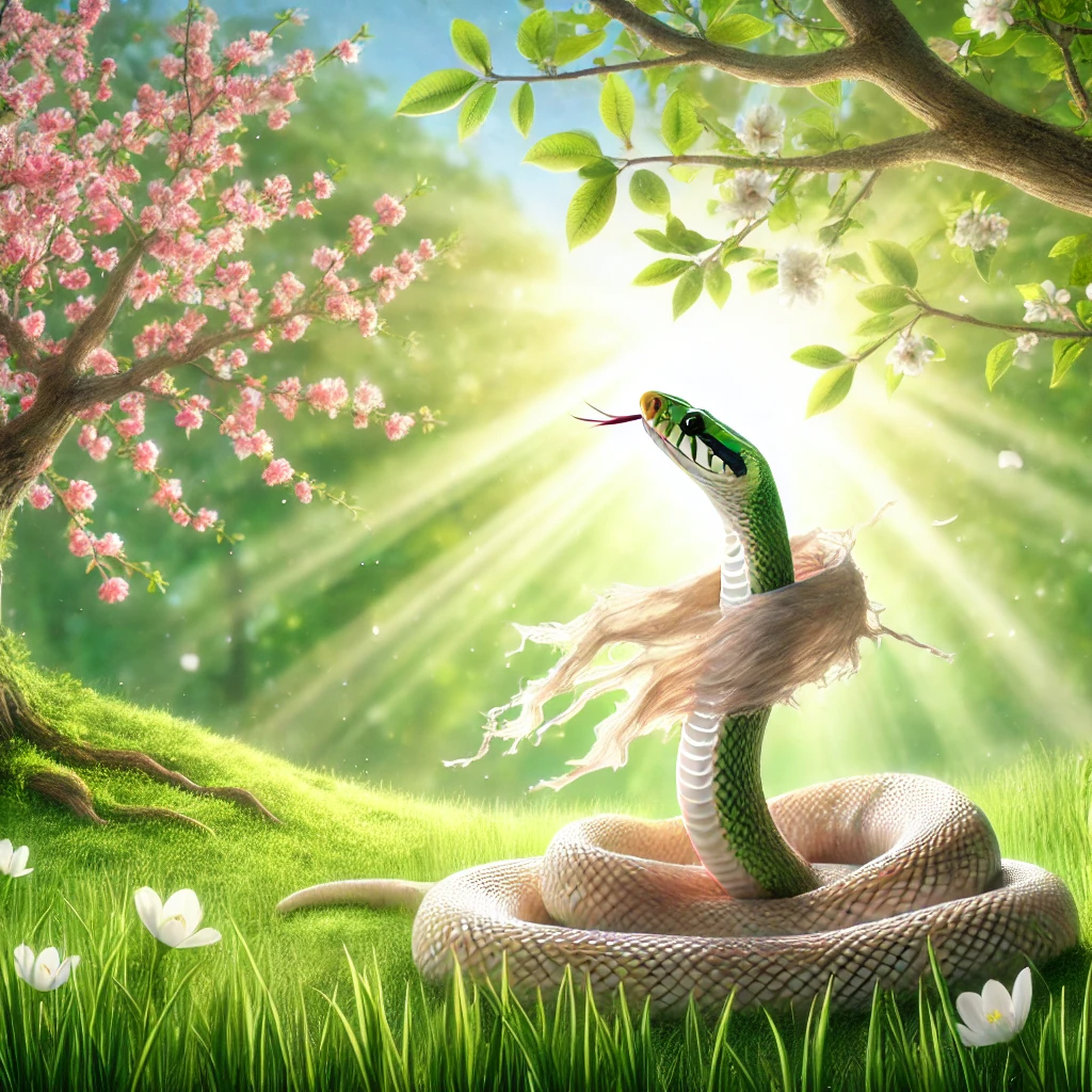 image représentant un serpent en train de muer ou une scène symbolisant la légèreté et le renouveau, comme un arbre en pleine floraison.