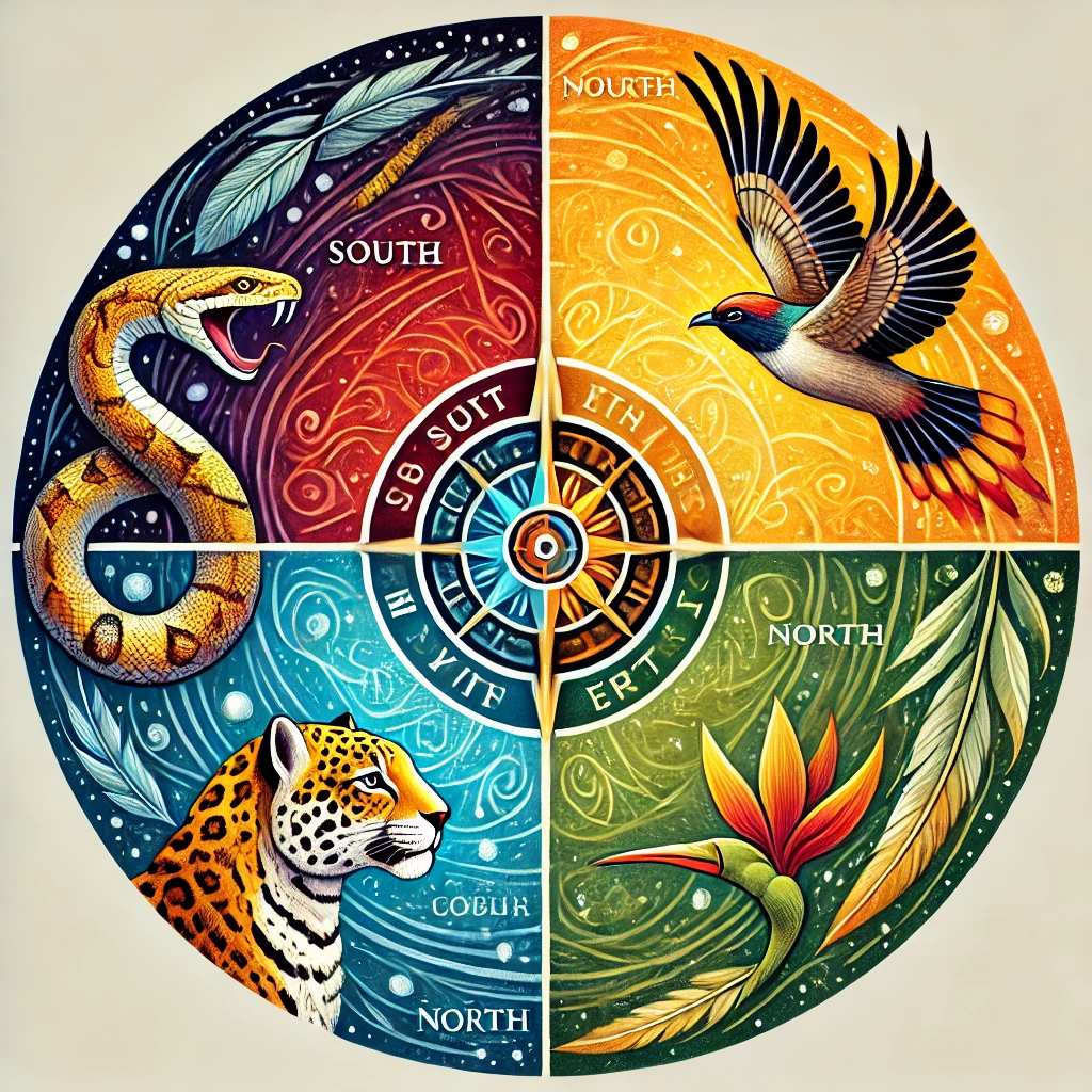 Un cercle divisé en quatre avec des représentations visuelles pour chaque direction (serpent, jaguar, colibri, aigle)