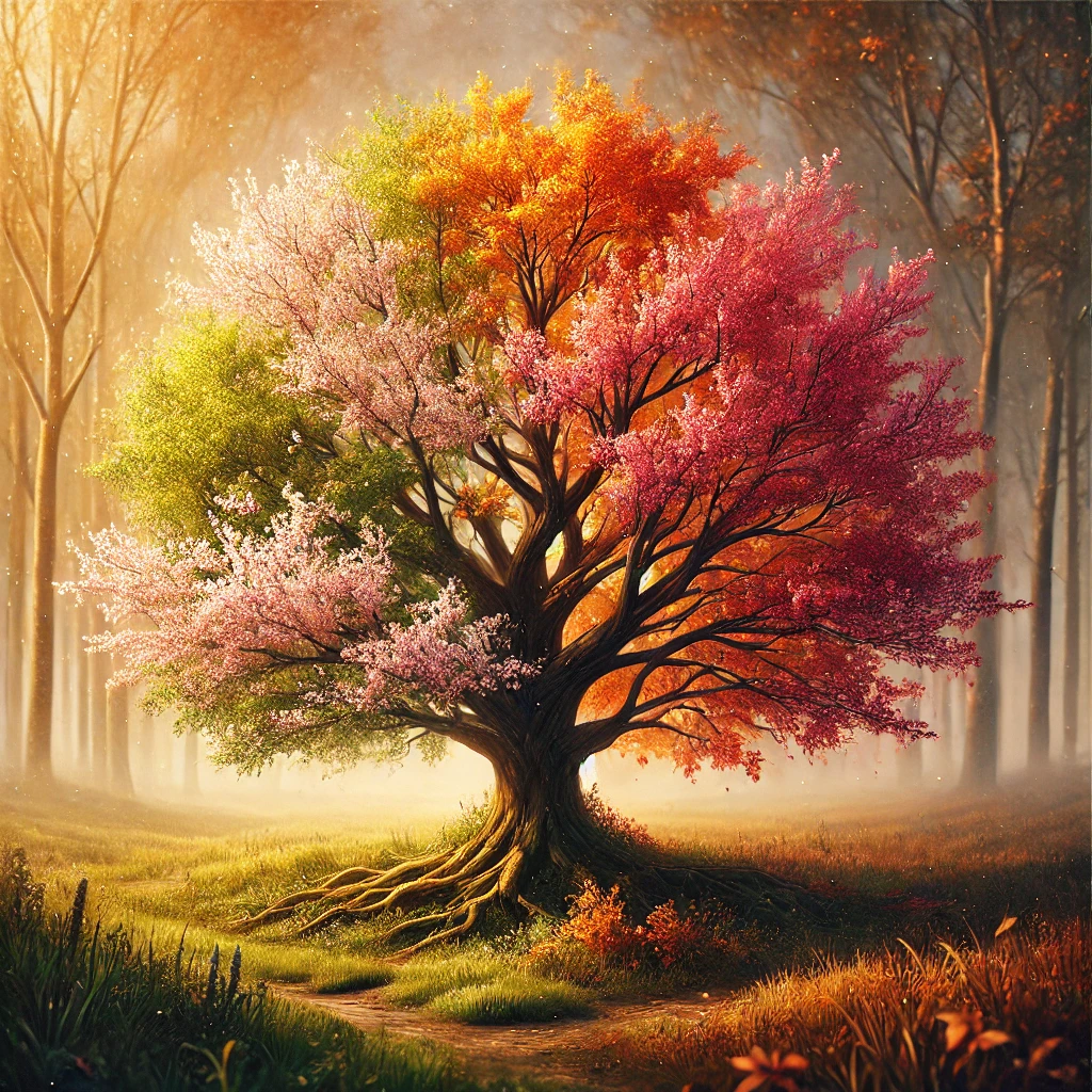 Une image représentant un arbre en pleine transformation au printemps ou en automne, symbolisant le changement et le renouveau.